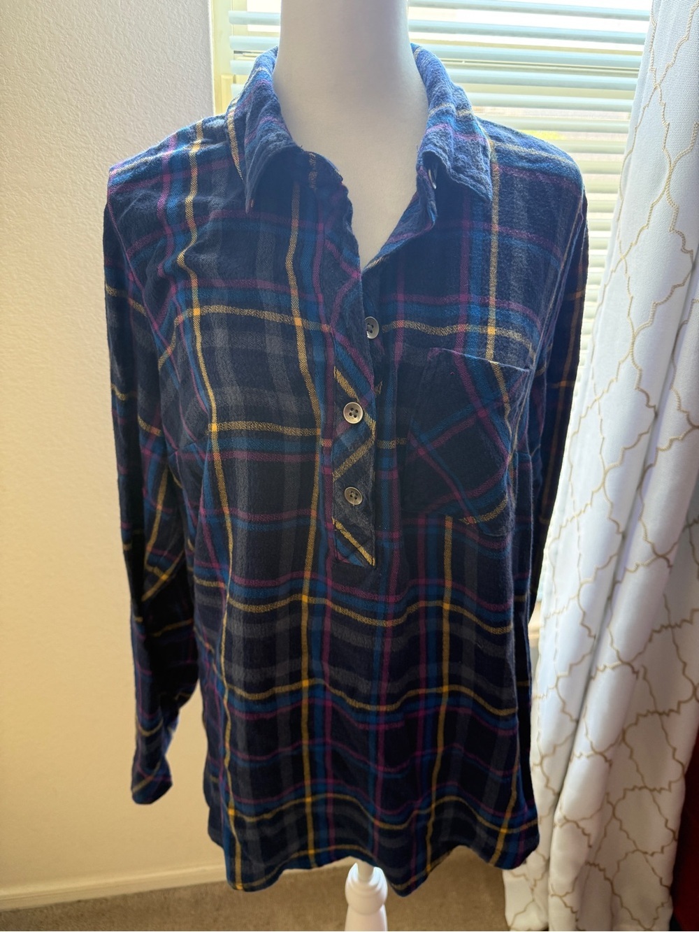 torrid Navy Plaid Button Henley Top with Yellow & Pink Stripes